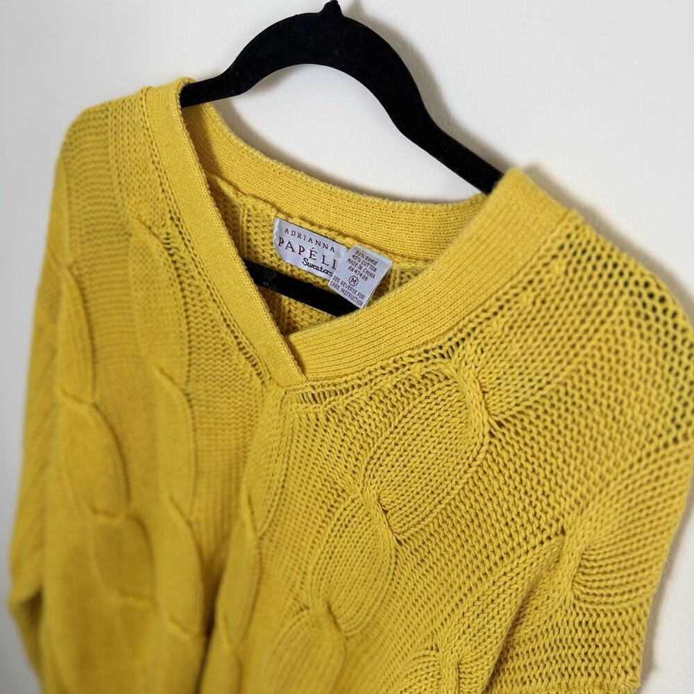 Adrianna Papell Vintage Cable-Knit V-Neck Sweater Yellow Size Medium Casual - Picture 2 of 3